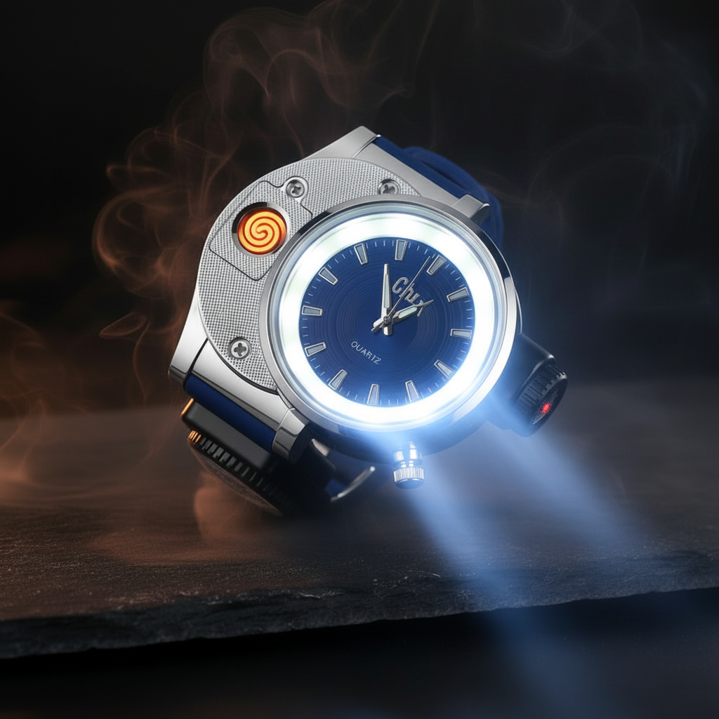 3-in-1 Lighter Watch — Flameless Lighter, Flashlight & Chronograph
