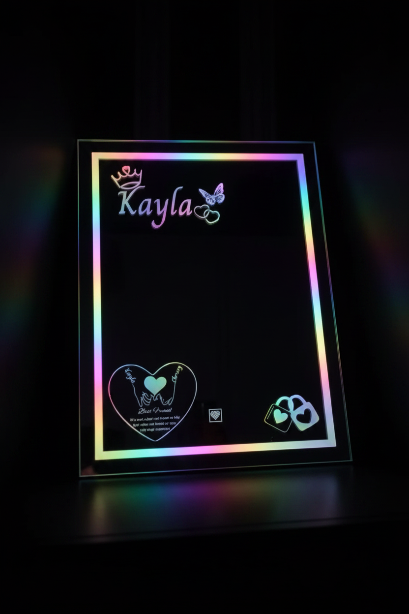 Customizable LED Mirror with rainbow border lighting and personalized LED writing