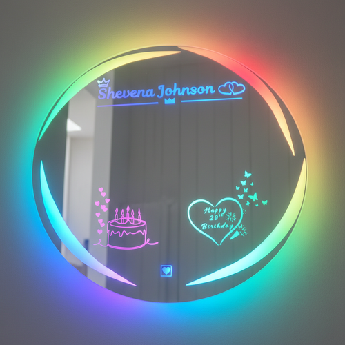 Shevena Johnson birthday circular LED mirror with rainbow border on clean simple background