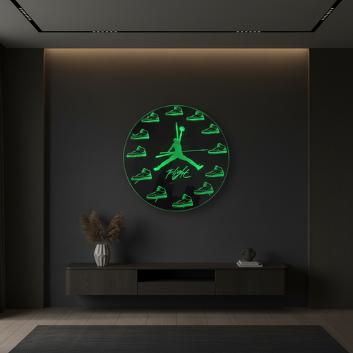 Jordan Flight LED clock mirror with green glowing Jumpman and sneaker engravings